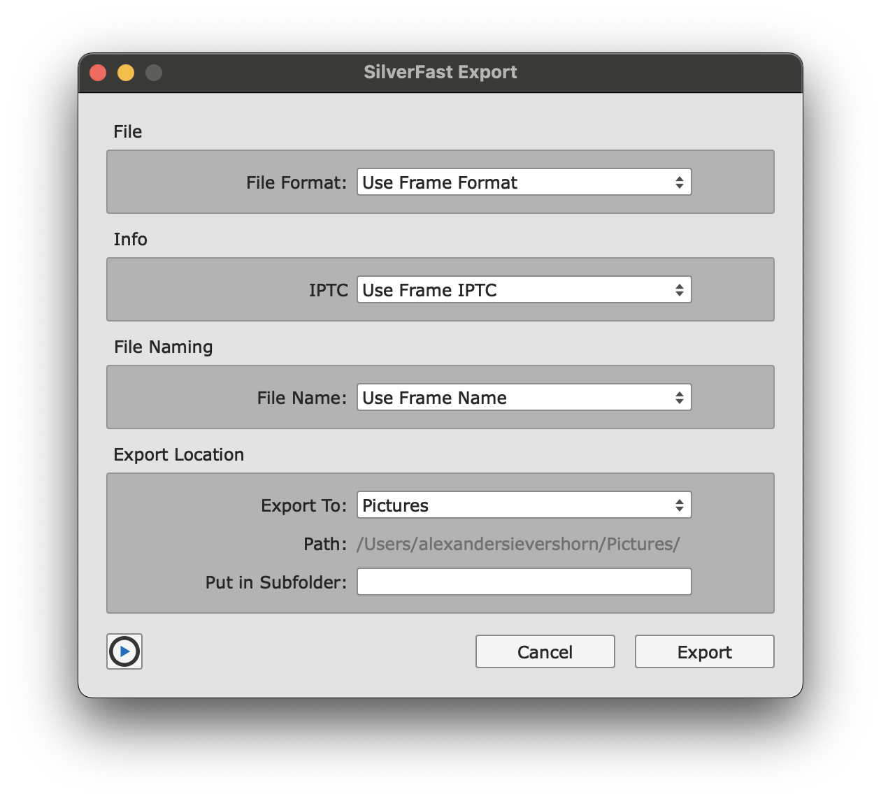 SilverFast 9 Export Dialog